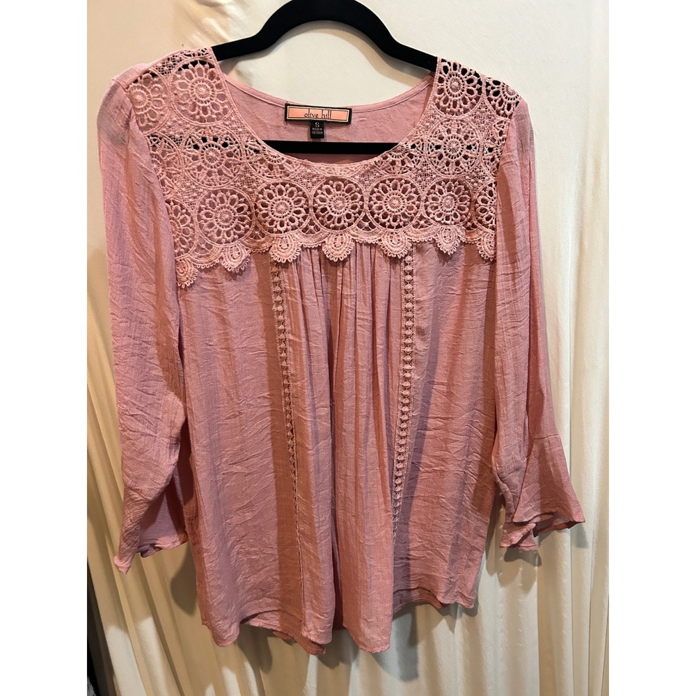 Olive Hill Women's Crochet Trim Top Blouse Long Sleeve Pink‎ Size Small